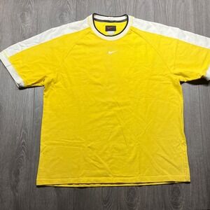 Vintage Nike 1990s Centre Check Embroidered T Shirt Yellow Heavy Weight Sports